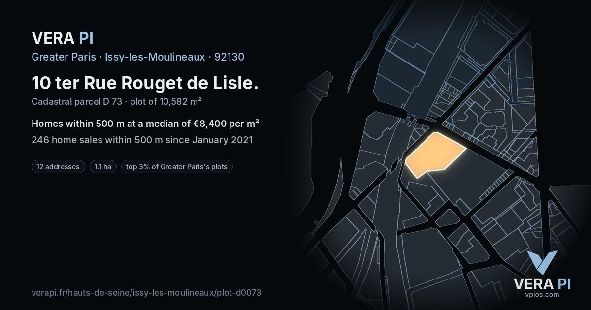 10 ter Rue Rouget de Lisle, Issy-les-Moulineaux at night – the plot lit, the parcels around coloured by the prices near them