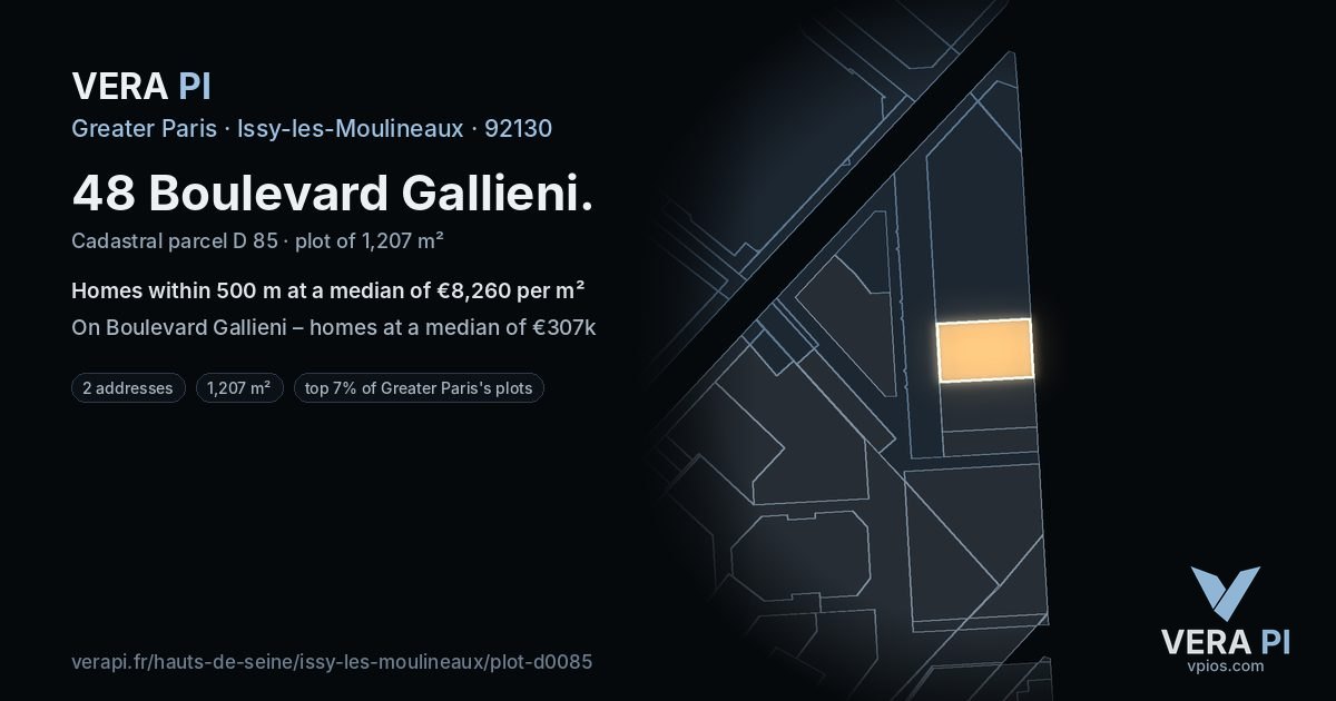 48 Boulevard Gallieni, Issy-les-Moulineaux at night – the plot lit, the parcels around coloured by the prices near them