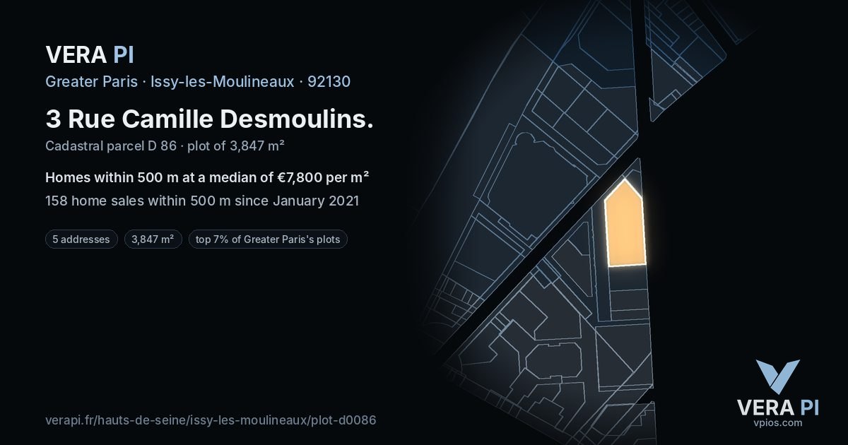 3 Rue Camille Desmoulins, Issy-les-Moulineaux at night – the plot lit, the parcels around coloured by the prices near them