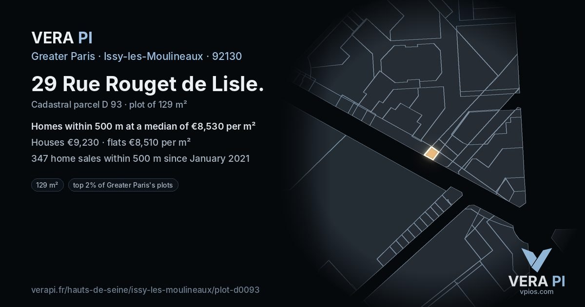 29 Rue Rouget de Lisle, Issy-les-Moulineaux at night – the plot lit, the parcels around coloured by the prices near them