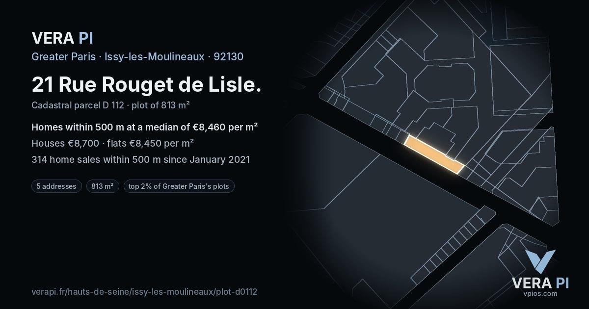 21 Rue Rouget de Lisle, Issy-les-Moulineaux at night – the plot lit, the parcels around coloured by the prices near them