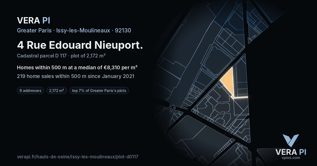 4 Rue Edouard Nieuport, Issy-les-Moulineaux at night – the plot lit, the parcels around coloured by the prices near them