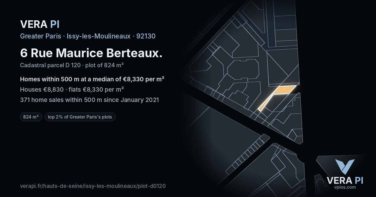6 Rue Maurice Berteaux, Issy-les-Moulineaux at night – the plot lit, the parcels around coloured by the prices near them