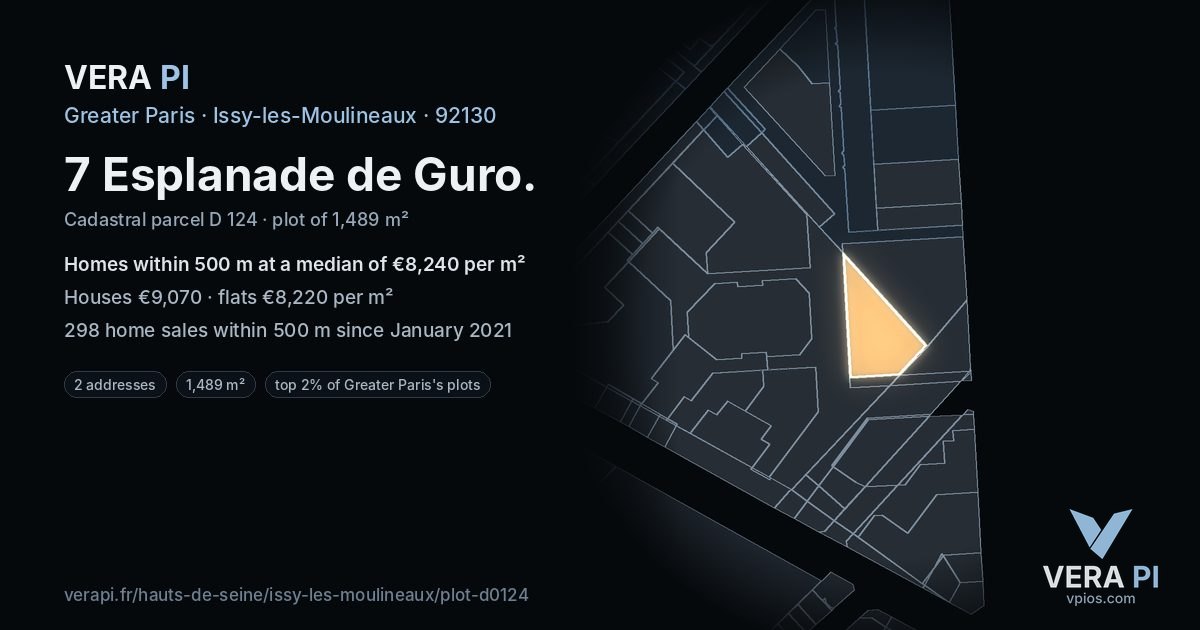 7 Esplanade de Guro, Issy-les-Moulineaux at night – the plot lit, the parcels around coloured by the prices near them