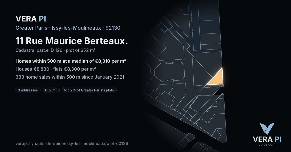 11 Rue Maurice Berteaux, Issy-les-Moulineaux at night – the plot lit, the parcels around coloured by the prices near them