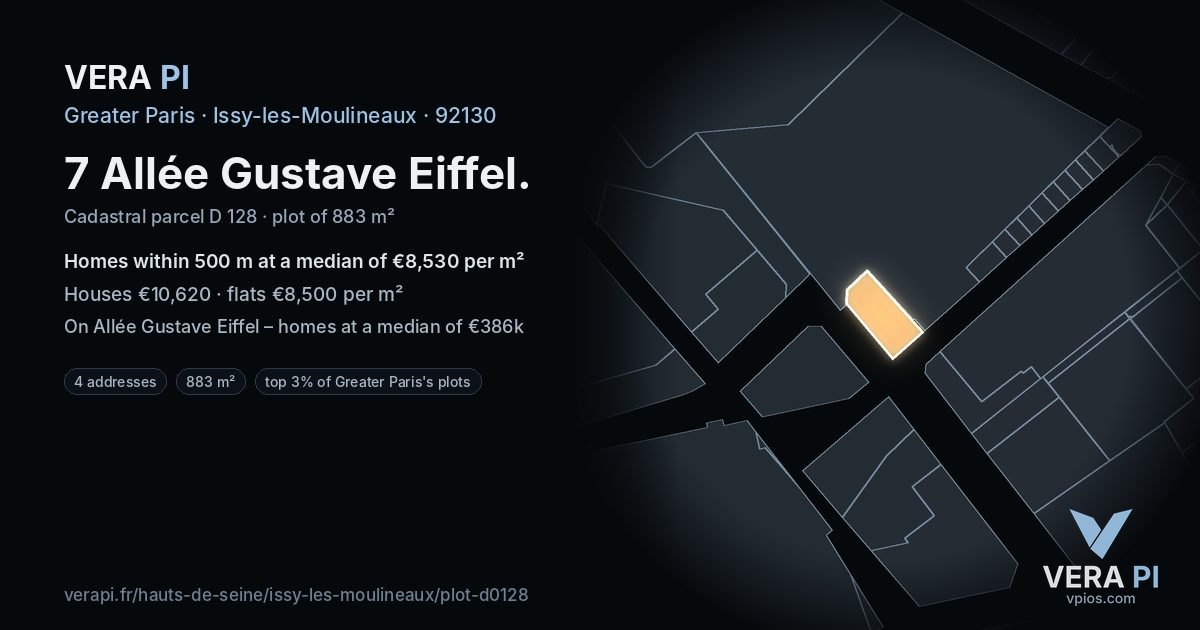 7 Allée Gustave Eiffel, Issy-les-Moulineaux at night – the plot lit, the parcels around coloured by the prices near them