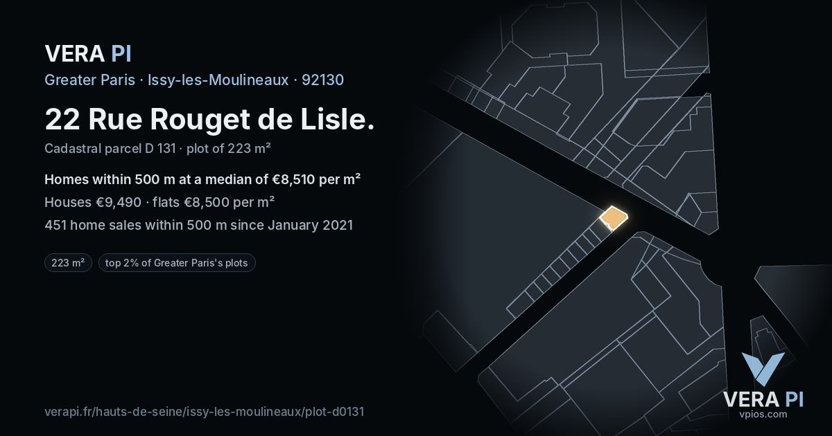 22 Rue Rouget de Lisle, Issy-les-Moulineaux at night – the plot lit, the parcels around coloured by the prices near them