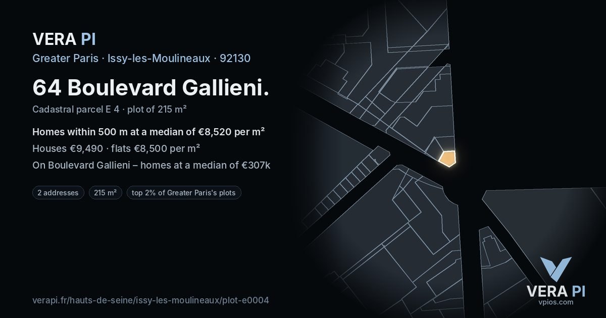 64 Boulevard Gallieni, Issy-les-Moulineaux at night – the plot lit, the parcels around coloured by the prices near them