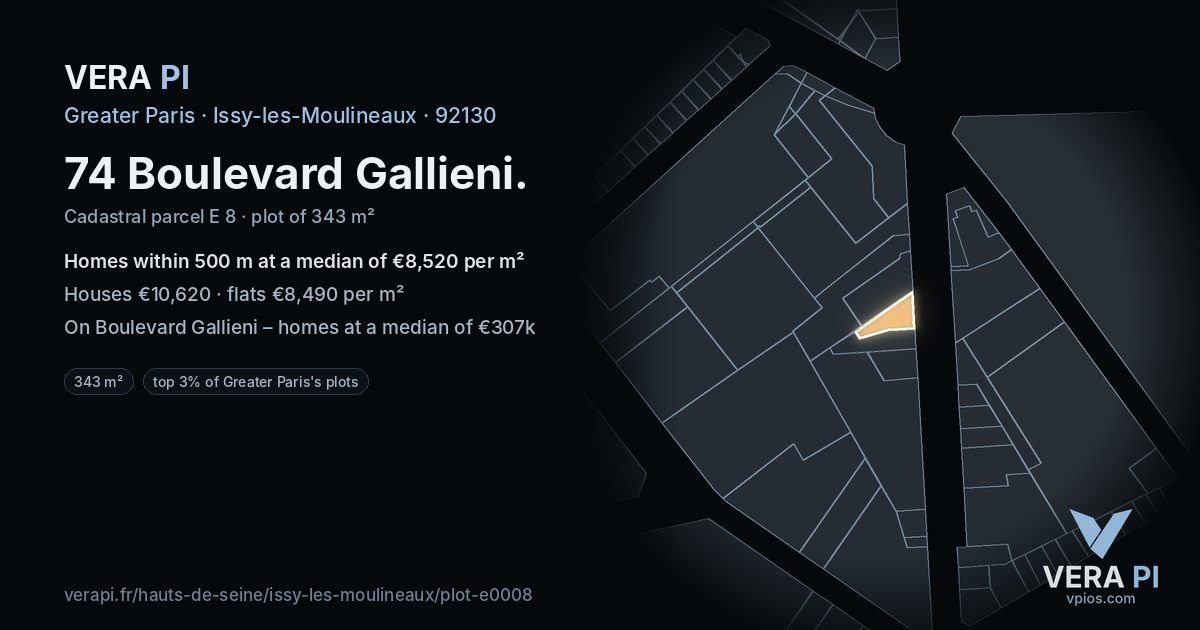 74 Boulevard Gallieni, Issy-les-Moulineaux at night – the plot lit, the parcels around coloured by the prices near them