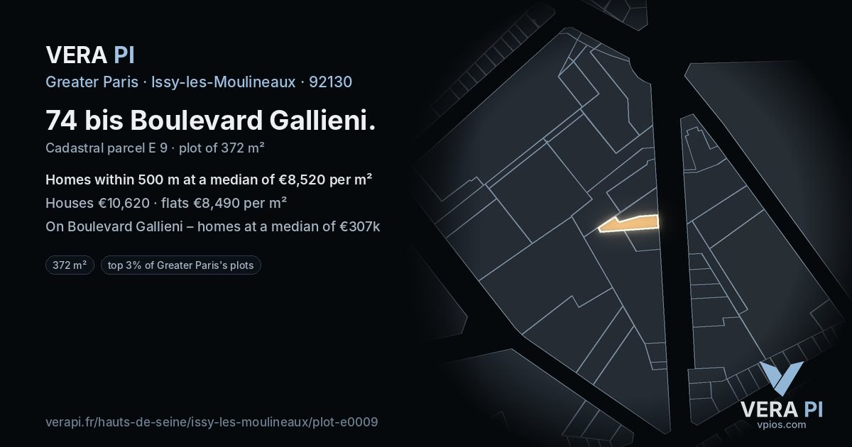 74 bis Boulevard Gallieni, Issy-les-Moulineaux at night – the plot lit, the parcels around coloured by the prices near them