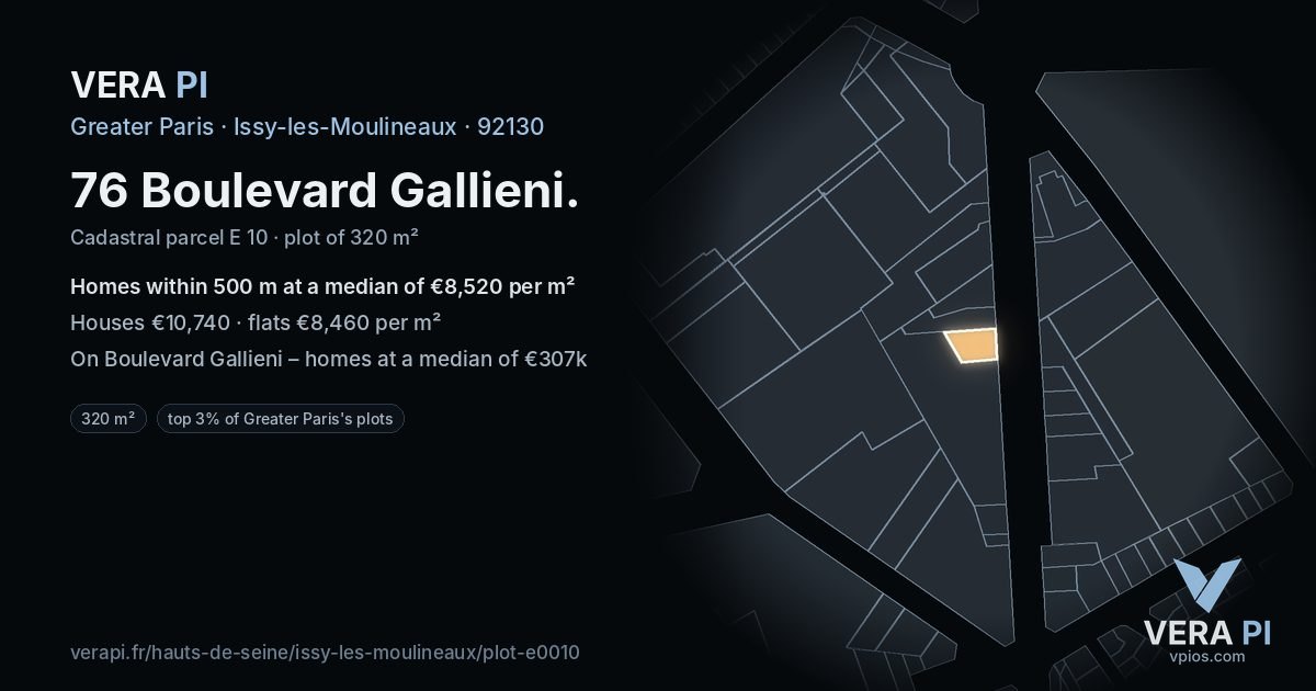 76 Boulevard Gallieni, Issy-les-Moulineaux at night – the plot lit, the parcels around coloured by the prices near them