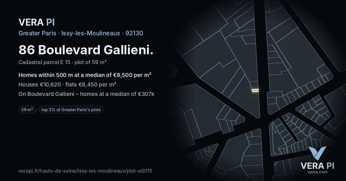 86 Boulevard Gallieni, Issy-les-Moulineaux at night – the plot lit, the parcels around coloured by the prices near them