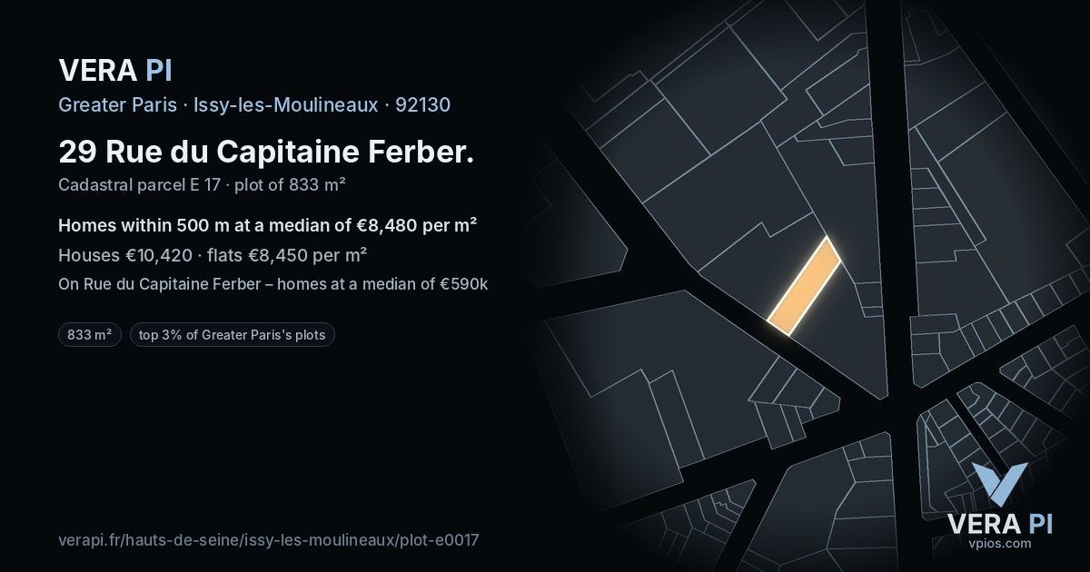 29 Rue du Capitaine Ferber, Issy-les-Moulineaux at night – the plot lit, the parcels around coloured by the prices near them