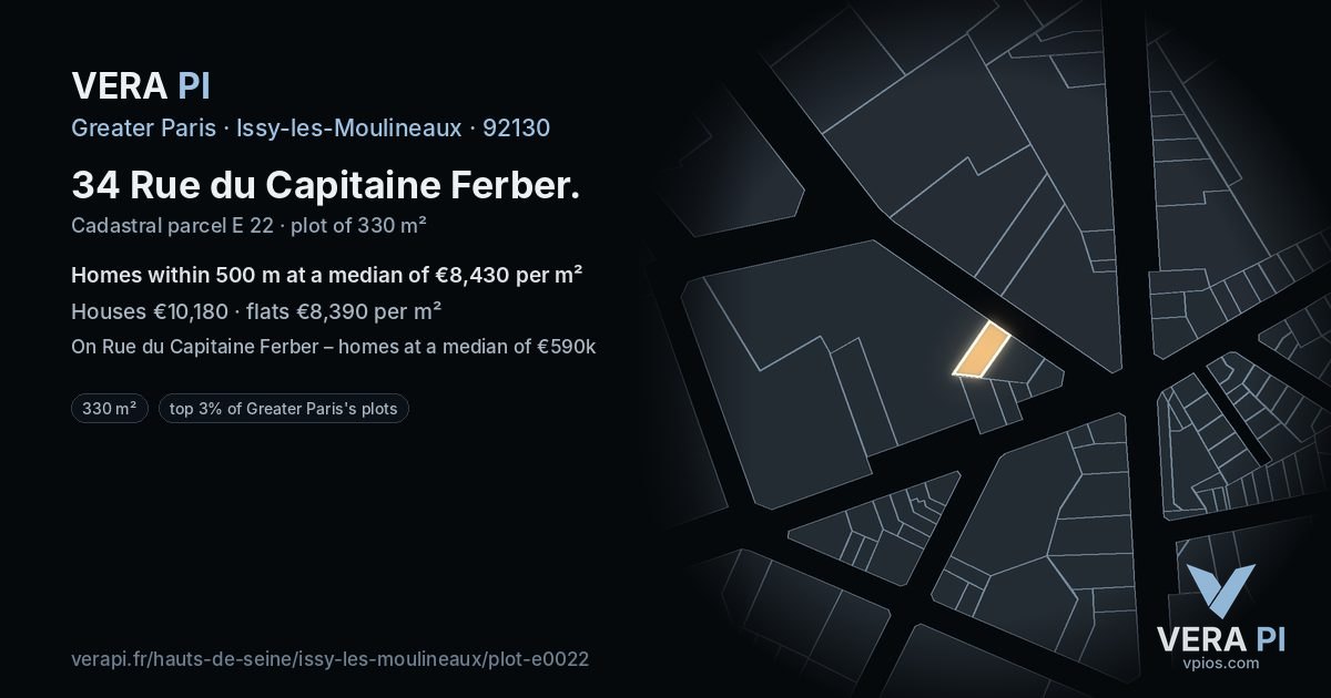 34 Rue du Capitaine Ferber, Issy-les-Moulineaux at night – the plot lit, the parcels around coloured by the prices near them