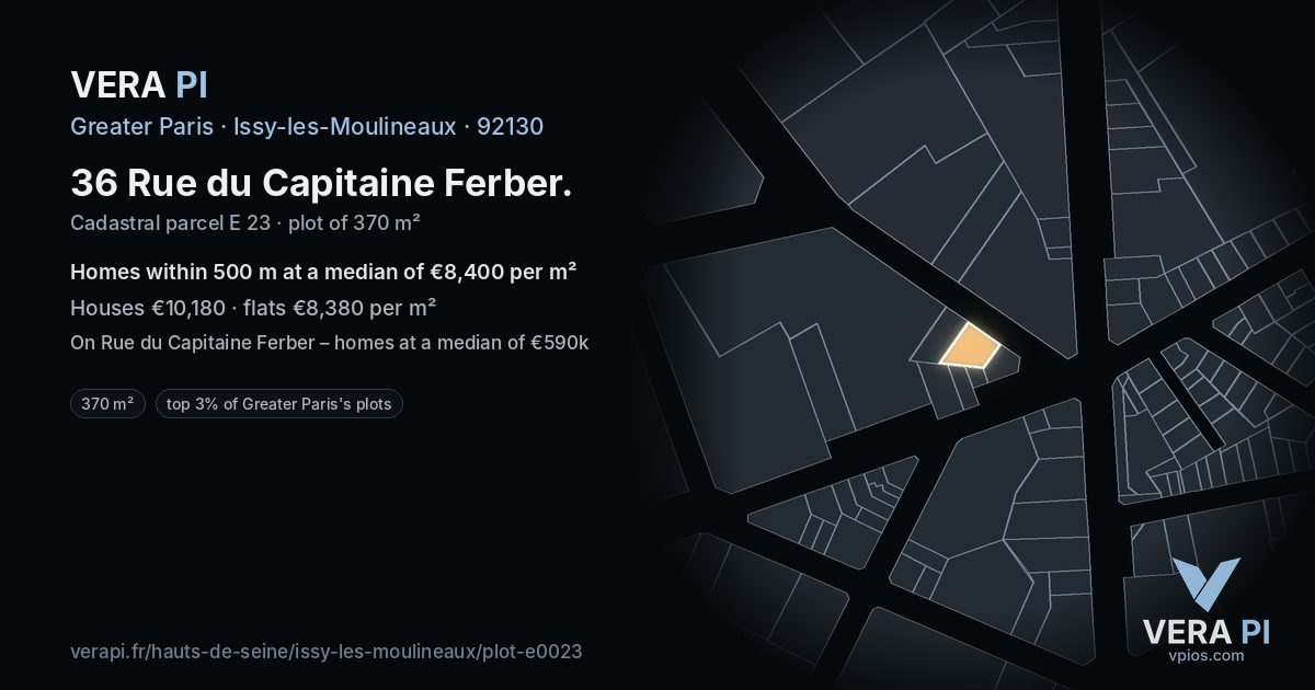 36 Rue du Capitaine Ferber, Issy-les-Moulineaux at night – the plot lit, the parcels around coloured by the prices near them