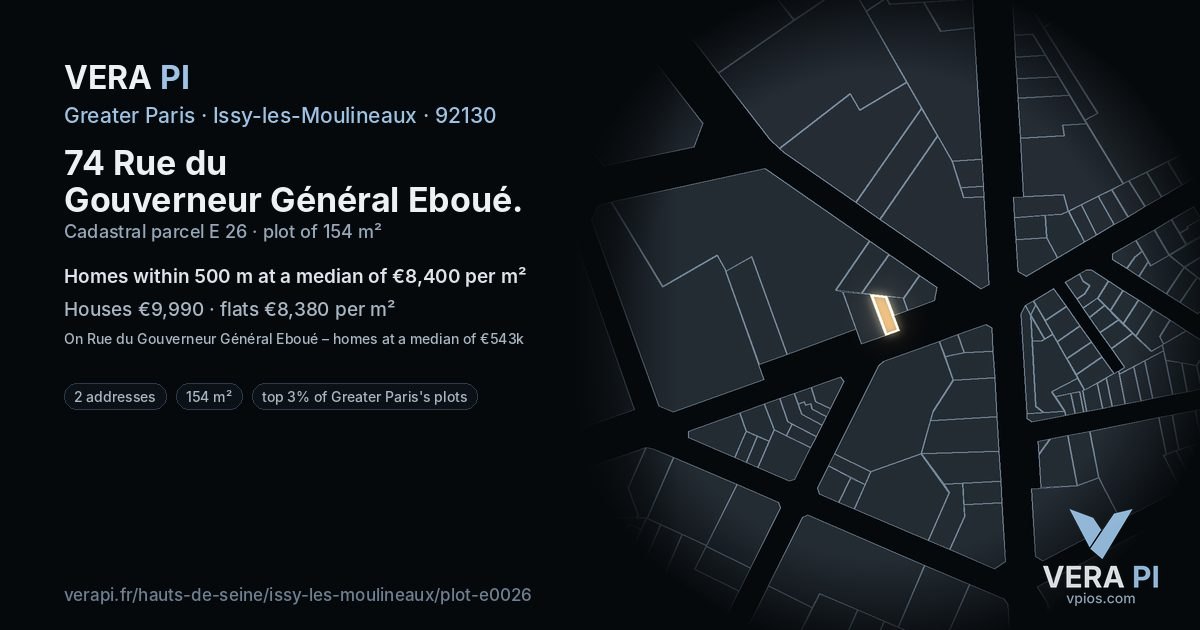 74 Rue du Gouverneur Général Eboué, Issy-les-Moulineaux at night – the plot lit, the parcels around coloured by the prices near them