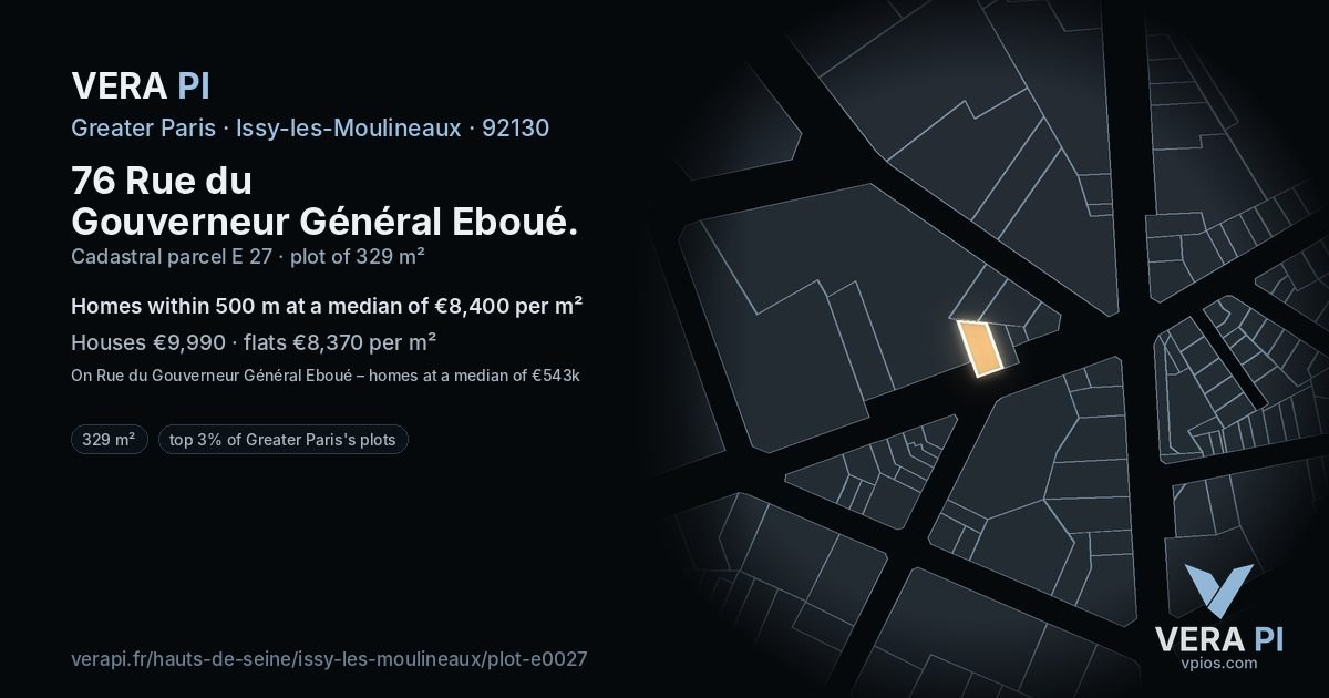 76 Rue du Gouverneur Général Eboué, Issy-les-Moulineaux at night – the plot lit, the parcels around coloured by the prices near them