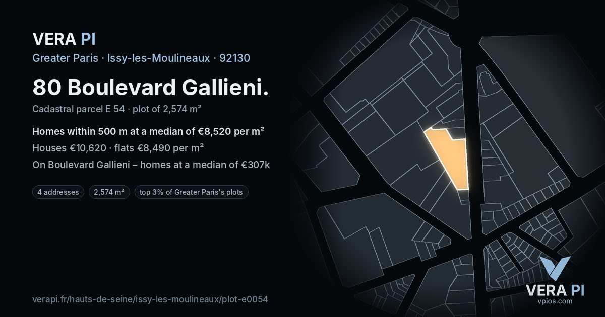 80 Boulevard Gallieni, Issy-les-Moulineaux at night – the plot lit, the parcels around coloured by the prices near them