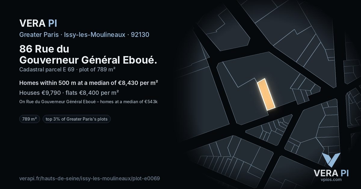86 Rue du Gouverneur Général Eboué, Issy-les-Moulineaux at night – the plot lit, the parcels around coloured by the prices near them