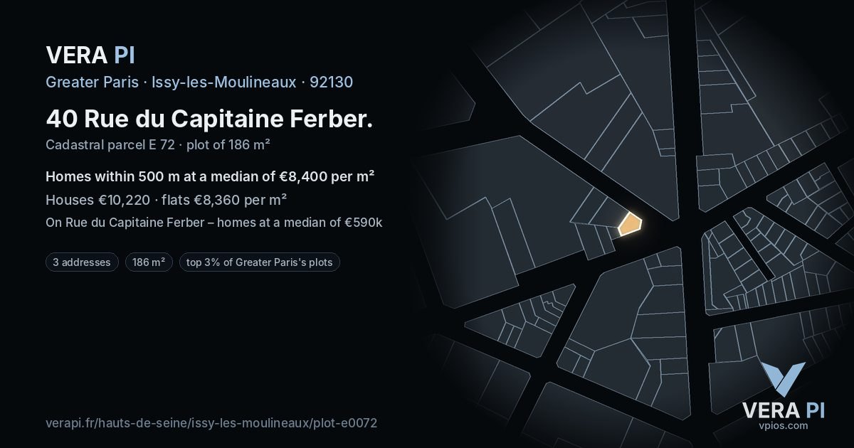 40 Rue du Capitaine Ferber, Issy-les-Moulineaux at night – the plot lit, the parcels around coloured by the prices near them