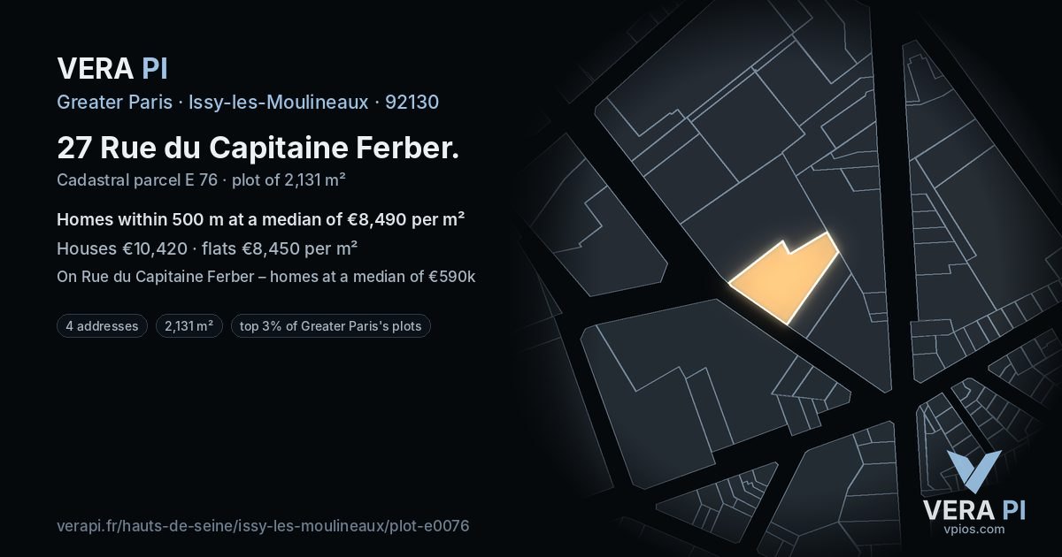 27 Rue du Capitaine Ferber, Issy-les-Moulineaux at night – the plot lit, the parcels around coloured by the prices near them