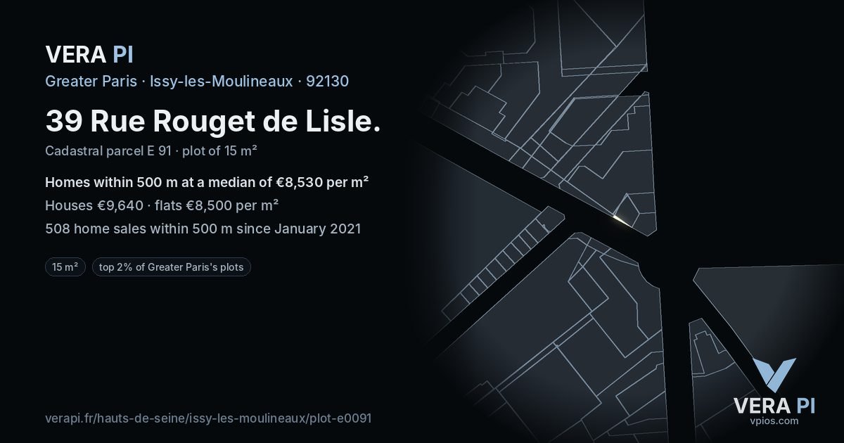39 Rue Rouget de Lisle, Issy-les-Moulineaux at night – the plot lit, the parcels around coloured by the prices near them