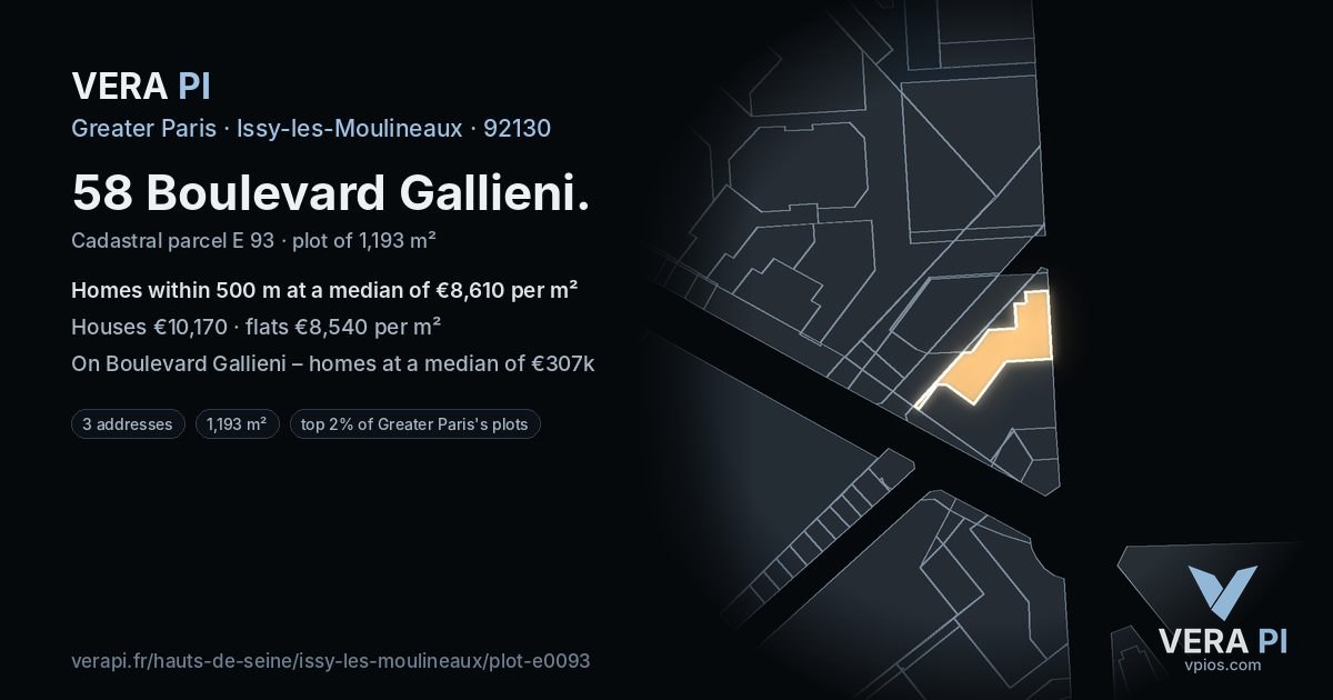 58 Boulevard Gallieni, Issy-les-Moulineaux at night – the plot lit, the parcels around coloured by the prices near them