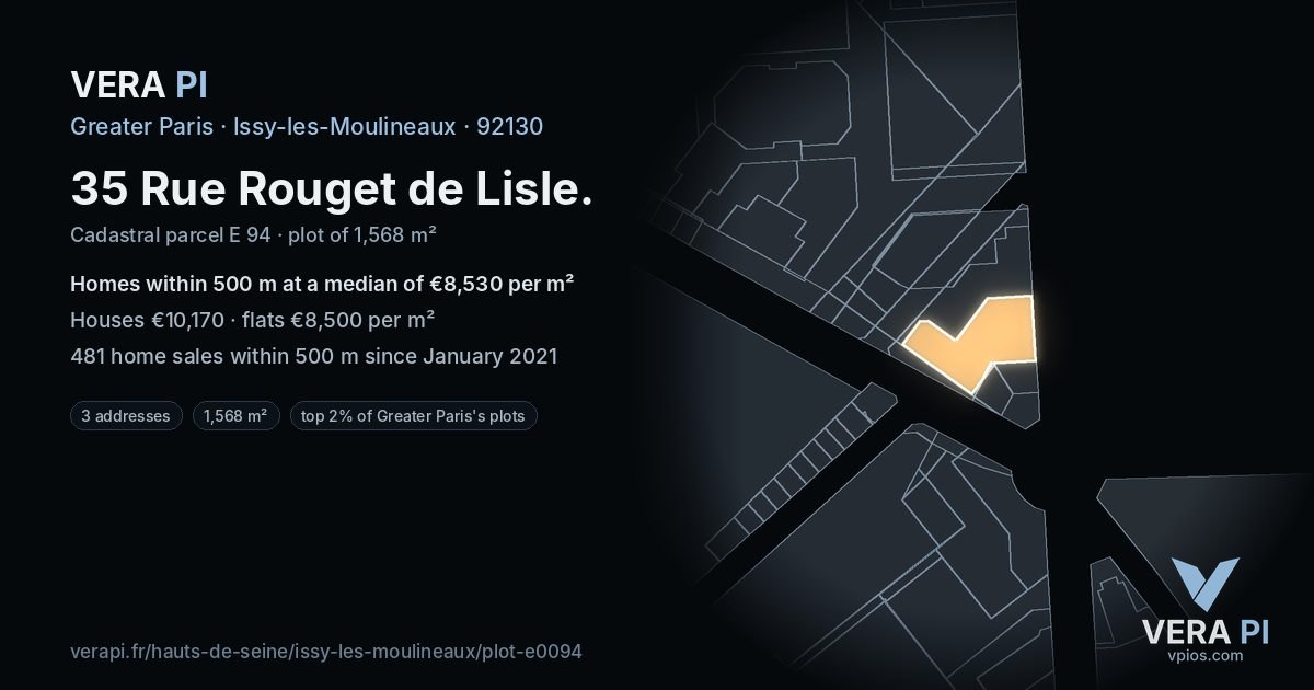 35 Rue Rouget de Lisle, Issy-les-Moulineaux at night – the plot lit, the parcels around coloured by the prices near them