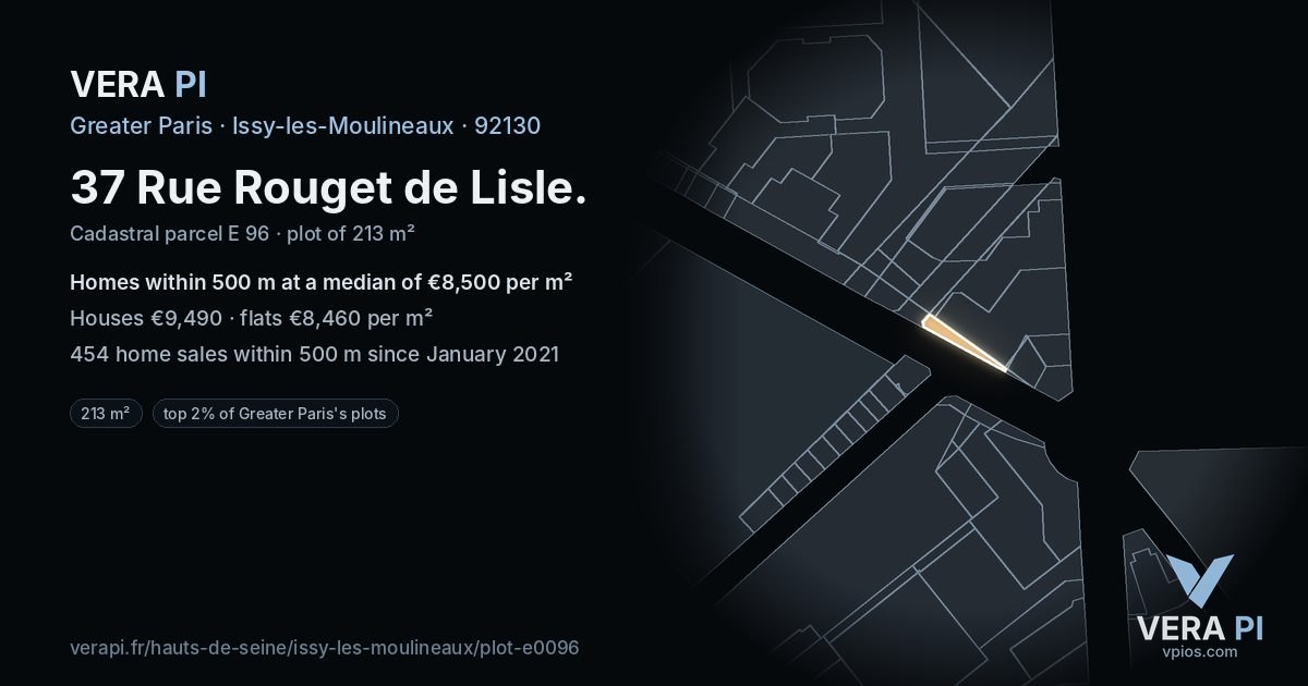 37 Rue Rouget de Lisle, Issy-les-Moulineaux at night – the plot lit, the parcels around coloured by the prices near them