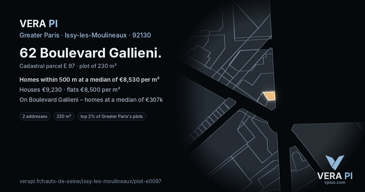 62 Boulevard Gallieni, Issy-les-Moulineaux at night – the plot lit, the parcels around coloured by the prices near them