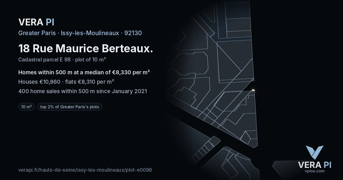 18 Rue Maurice Berteaux, Issy-les-Moulineaux at night – the plot lit, the parcels around coloured by the prices near them