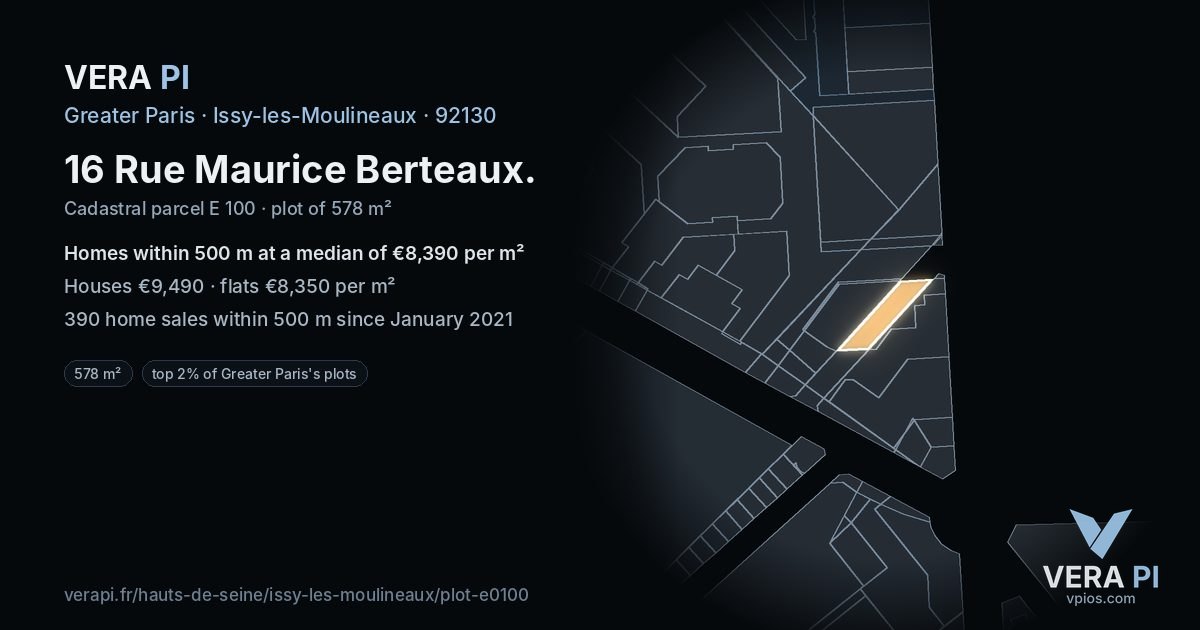 16 Rue Maurice Berteaux, Issy-les-Moulineaux at night – the plot lit, the parcels around coloured by the prices near them
