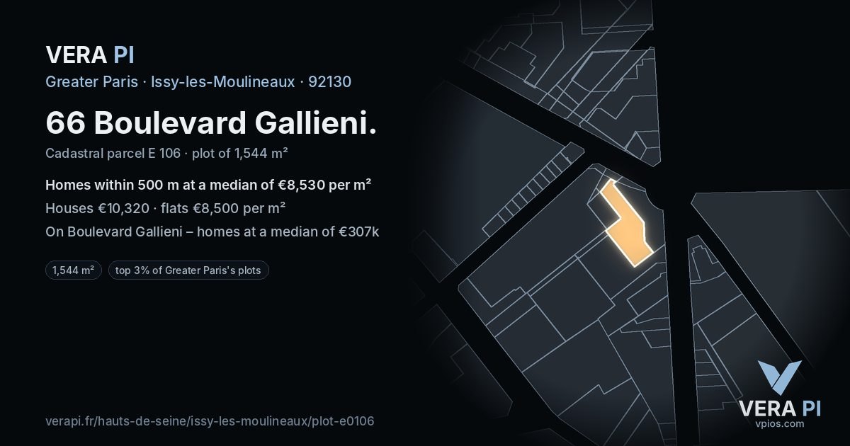 66 Boulevard Gallieni, Issy-les-Moulineaux at night – the plot lit, the parcels around coloured by the prices near them