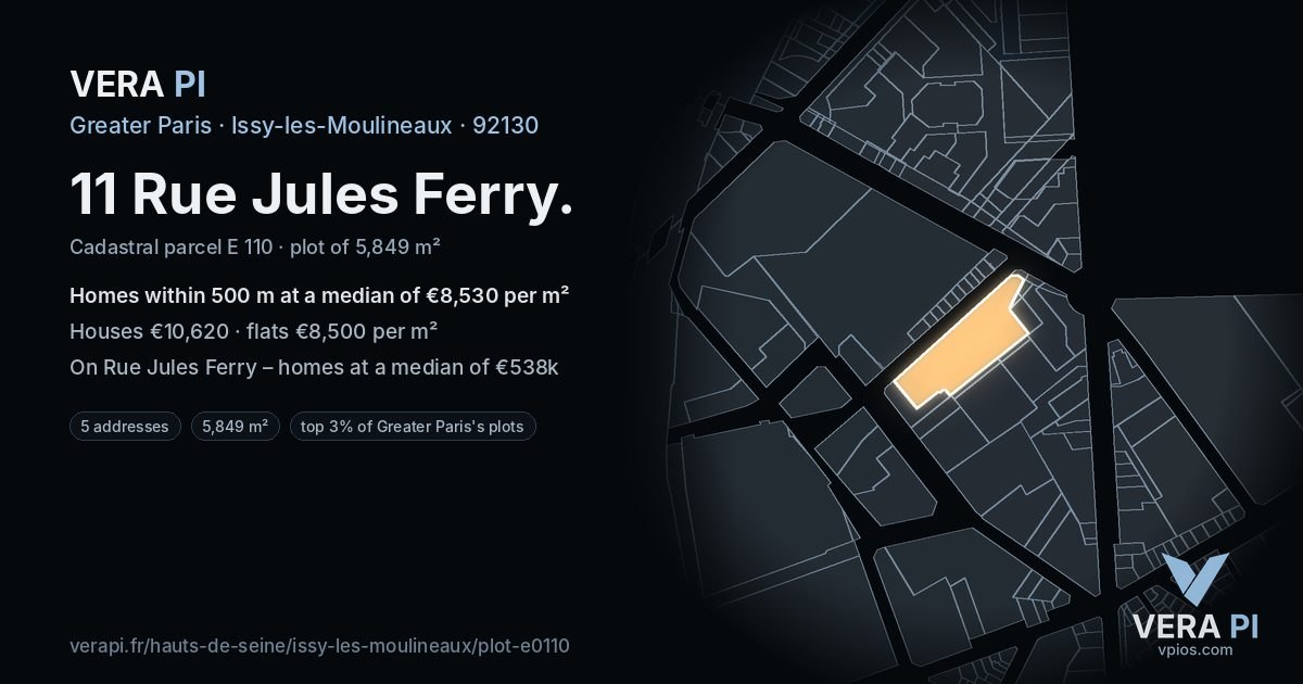11 Rue Jules Ferry, Issy-les-Moulineaux at night – the plot lit, the parcels around coloured by the prices near them