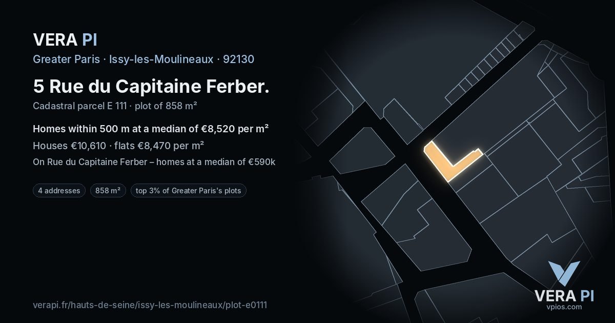 5 Rue du Capitaine Ferber, Issy-les-Moulineaux at night – the plot lit, the parcels around coloured by the prices near them