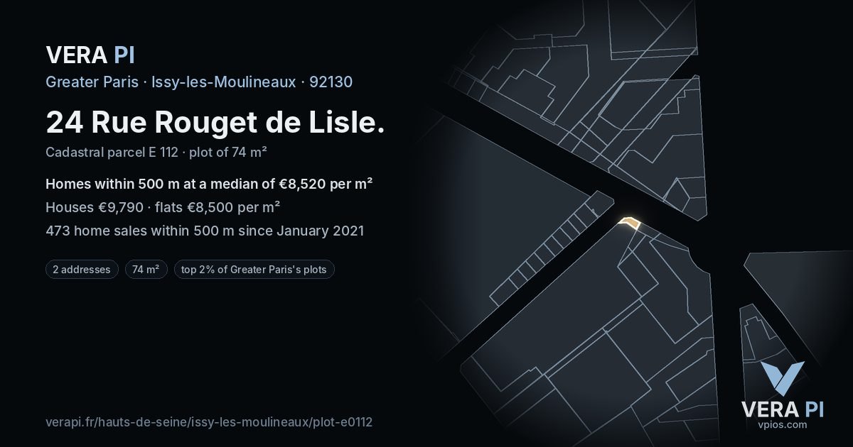 24 Rue Rouget de Lisle, Issy-les-Moulineaux at night – the plot lit, the parcels around coloured by the prices near them