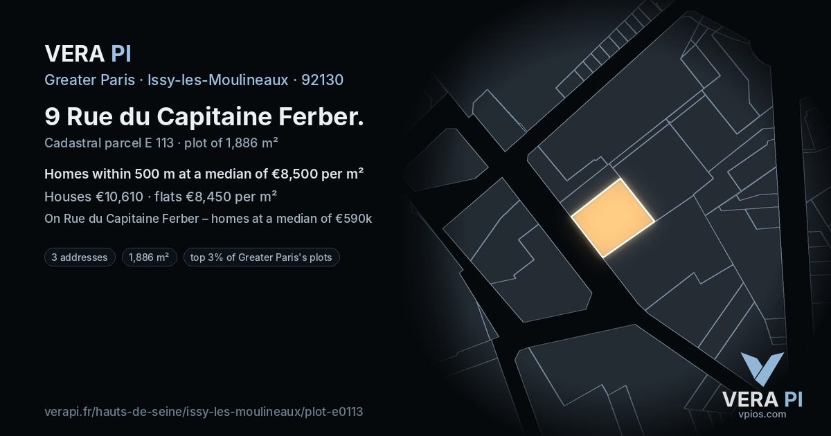 9 Rue du Capitaine Ferber, Issy-les-Moulineaux at night – the plot lit, the parcels around coloured by the prices near them