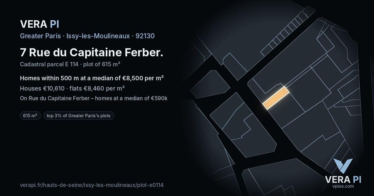 7 Rue du Capitaine Ferber, Issy-les-Moulineaux at night – the plot lit, the parcels around coloured by the prices near them