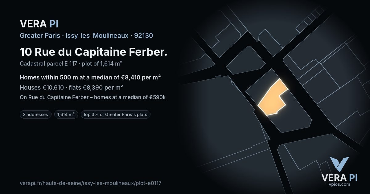 10 Rue du Capitaine Ferber, Issy-les-Moulineaux at night – the plot lit, the parcels around coloured by the prices near them