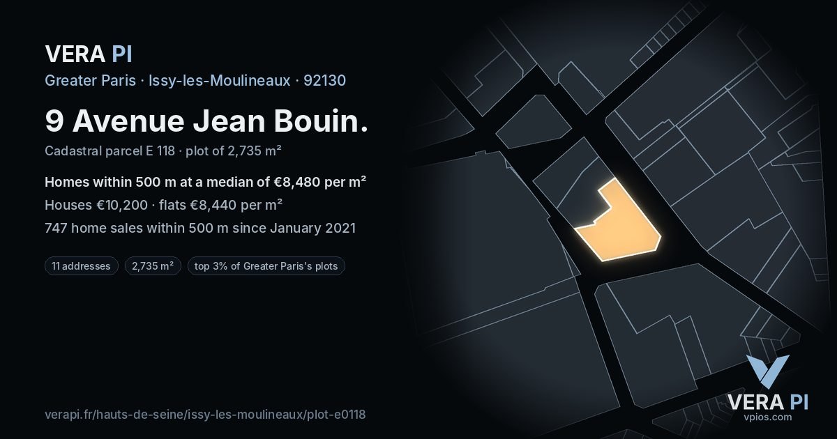9 Avenue Jean Bouin, Issy-les-Moulineaux at night – the plot lit, the parcels around coloured by the prices near them
