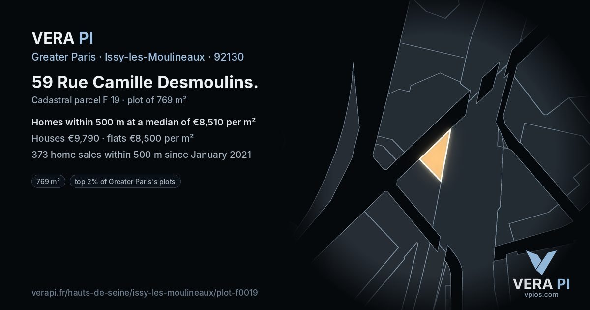 59 Rue Camille Desmoulins, Issy-les-Moulineaux at night – the plot lit, the parcels around coloured by the prices near them
