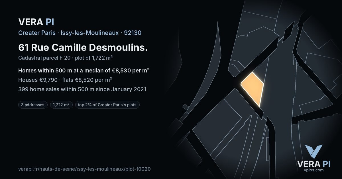 61 Rue Camille Desmoulins, Issy-les-Moulineaux at night – the plot lit, the parcels around coloured by the prices near them