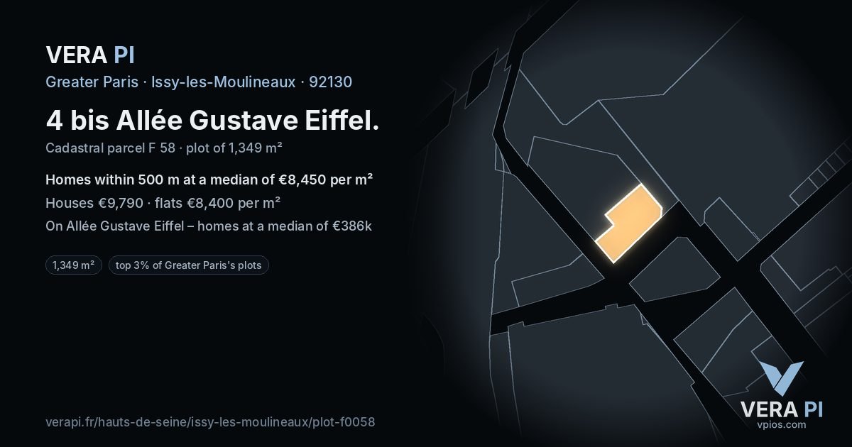 4 bis Allée Gustave Eiffel, Issy-les-Moulineaux at night – the plot lit, the parcels around coloured by the prices near them