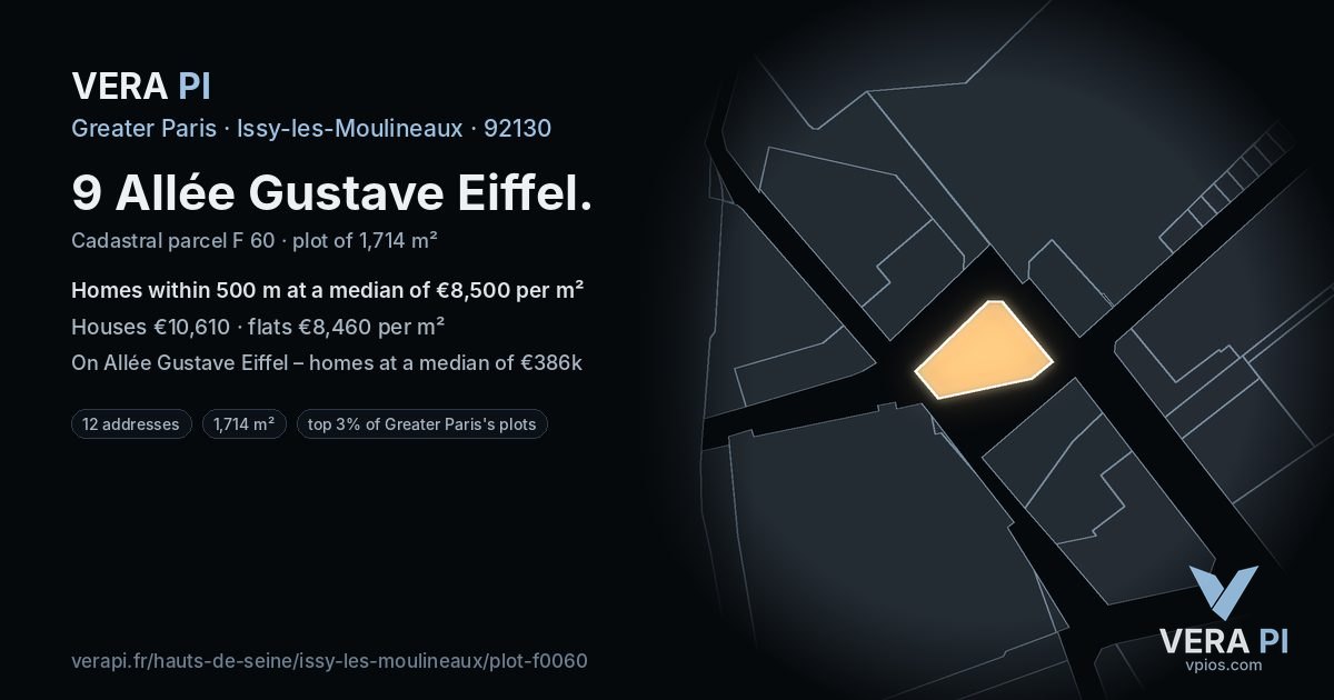 9 Allée Gustave Eiffel, Issy-les-Moulineaux at night – the plot lit, the parcels around coloured by the prices near them