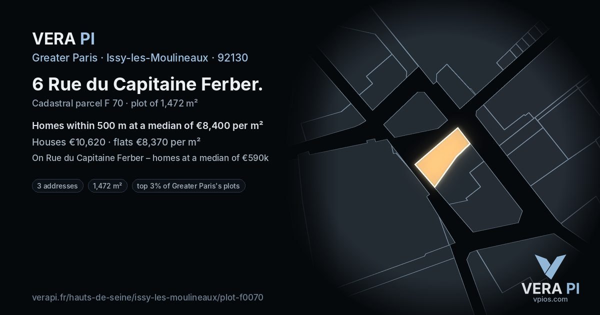 6 Rue du Capitaine Ferber, Issy-les-Moulineaux at night – the plot lit, the parcels around coloured by the prices near them