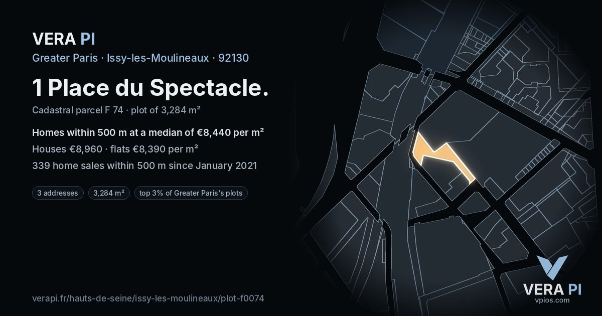 1 Place du Spectacle, Issy-les-Moulineaux at night – the plot lit, the parcels around coloured by the prices near them