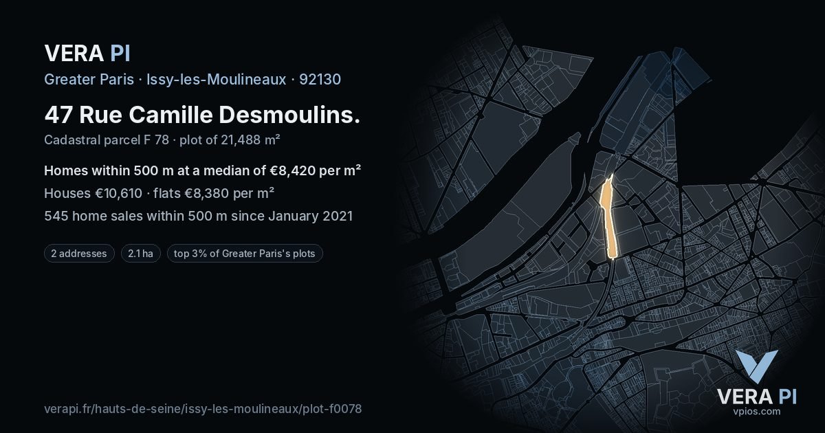47 Rue Camille Desmoulins, Issy-les-Moulineaux at night – the plot lit, the parcels around coloured by the prices near them