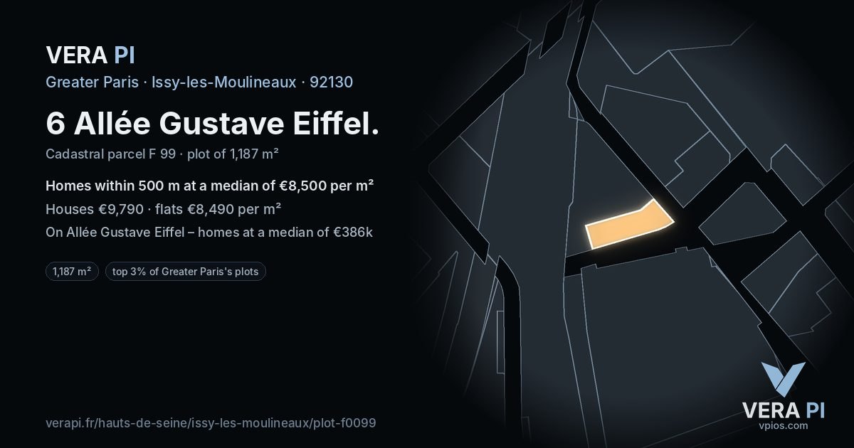 6 Allée Gustave Eiffel, Issy-les-Moulineaux at night – the plot lit, the parcels around coloured by the prices near them