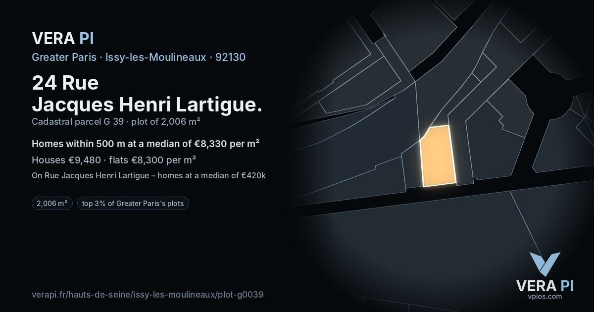24 Rue Jacques Henri Lartigue, Issy-les-Moulineaux at night – the plot lit, the parcels around coloured by the prices near them