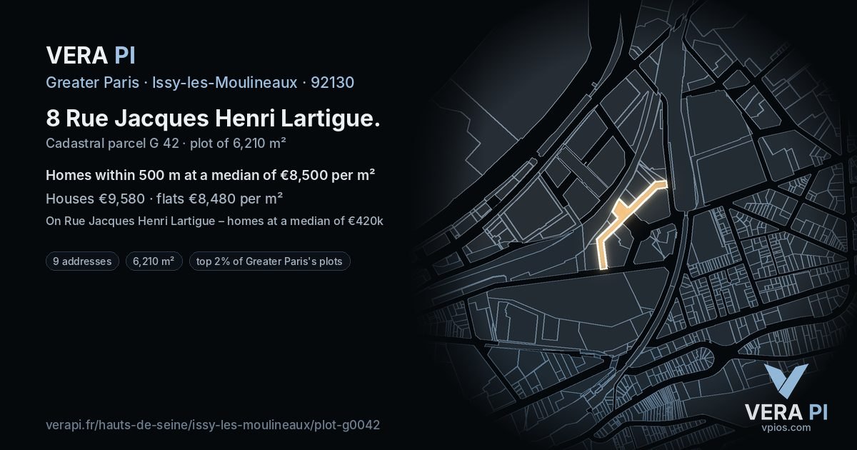 8 Rue Jacques Henri Lartigue, Issy-les-Moulineaux at night – the plot lit, the parcels around coloured by the prices near them